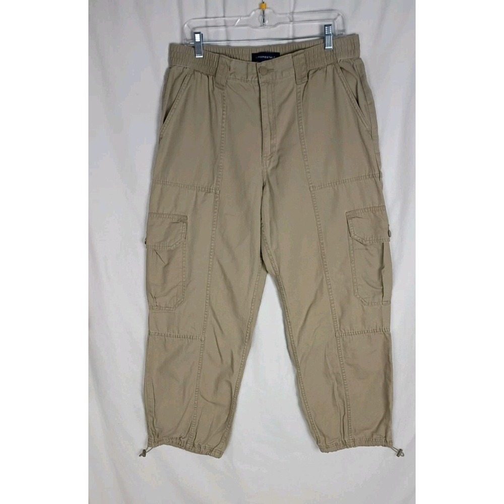 Aeropostale Khaki  Mens Utility Cargo Cropped Pants Elastic Waist Outdoor ‎ Sz L